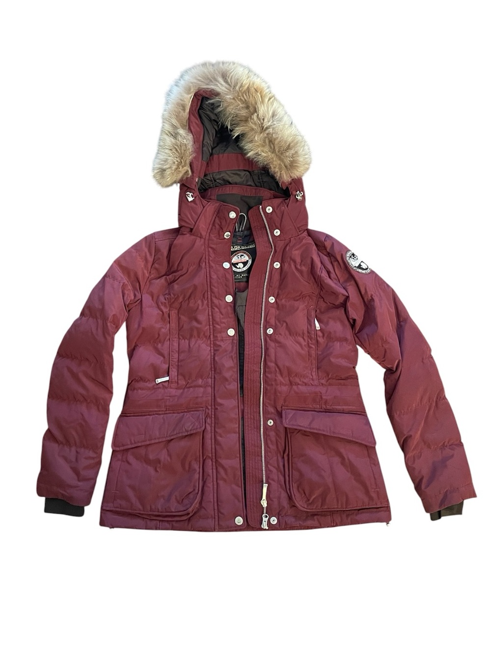 Napapijri Arctic Research Expedition Down Parka Burgundy Fur Hood Women’s Small